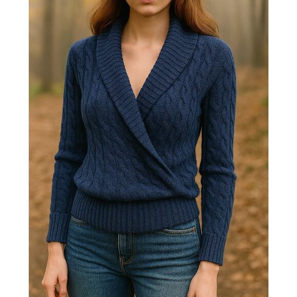 Ralph Lauren Black Label Cashmere Cable Knit Sweater Navy Blue Womens Med Fall - Picture 1 of 13